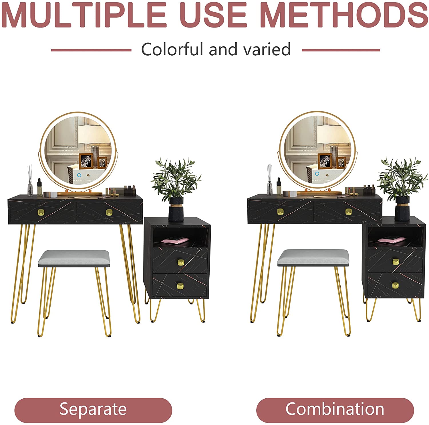 Vanity Makeup Table Set with Lighted Mirror,Makeup Vanity Dressing Table wStorage Cabinet,Cushion