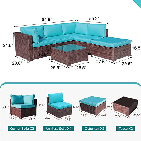 OC Orange-Casual 6-Piece Outdoor Patio Sectional Sofa Set Brown Wicker Furniture Set with Turquoise Seat Cushions & Tempered Glass Coffee Table