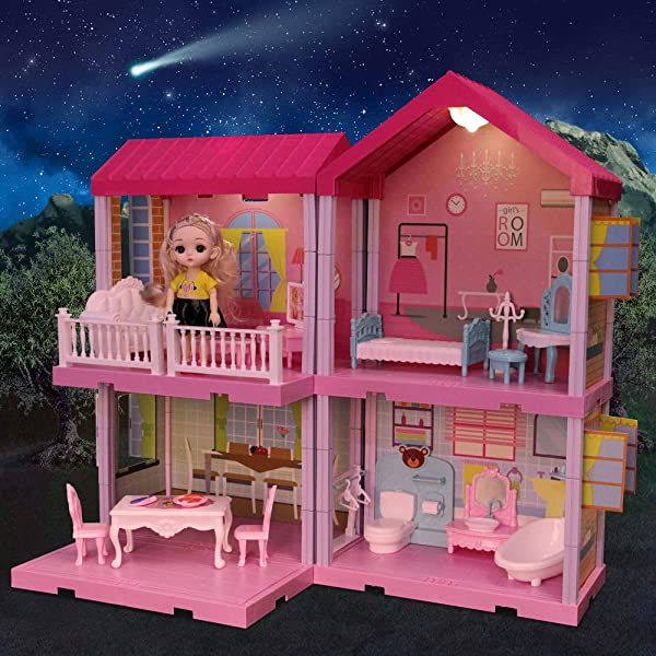 Doll House Kit,Dollhouse with Lights, Slide, Pets and Dolls, DIY Pretend Play Building Playset Toys with Asseccories and Furniture, Princess House for Toddlers, Kids Boy & Girl (11 Rooms)