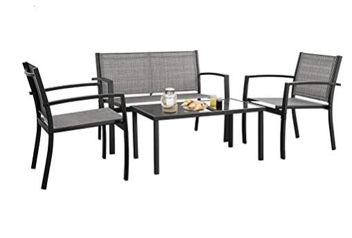 Devoko 4 Pieces Patio Furniture Set Outdoor Garden Patio Conversation Sets Poolside Lawn Chairs with Glass Coffee Table Porch Furniture (Grey)