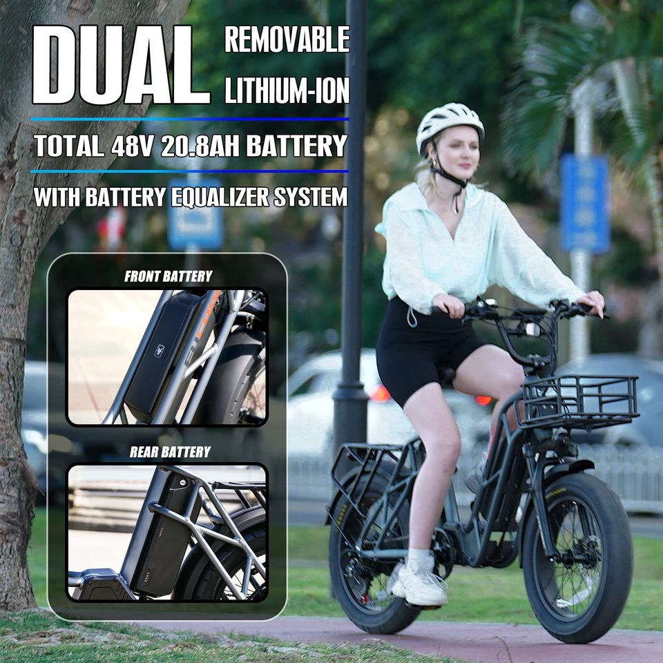 750W Electric Bike for Adults, 20'' Ebike 48V 20.8AHDual Removable Lithium Batt.