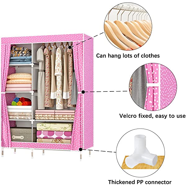 QUMENEY Wardrobe Storage Closet, Portable Clothes Standing Shelves Organizer, Extra Strong and Durable Non-Woven Fabric Rack with Hanging Rods, Quick and Easy to Assemble (Pink Dots)