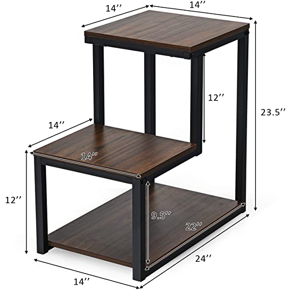 Tangkula 3-Tier Sofa Side Table, Nightstand with Storage Shelf, Sturdy Metal Frame, Ladder-Shaped Chair Side Table, White Tabletop Storage Shelf for Living Room or Bedroom (White)