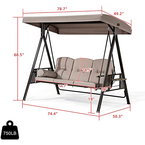 PURPLE LEAF 3-Seat Deluxe Outdoor Patio Porch Swing with Weather Resistant Steel Frame, Adjustable Tilt Canopy, Cushions and Pillow Included, Beige 74.4