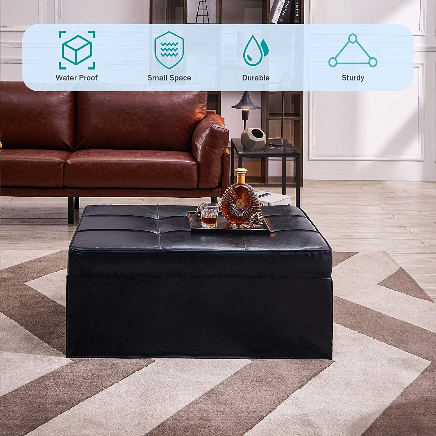 Vonanda Leather Ottoman Sofa Bed, Small Modern Couch Multi-Position Convertible Comfortable and Durable Leather Couch Lounger Guest Bed with Pillow for Small