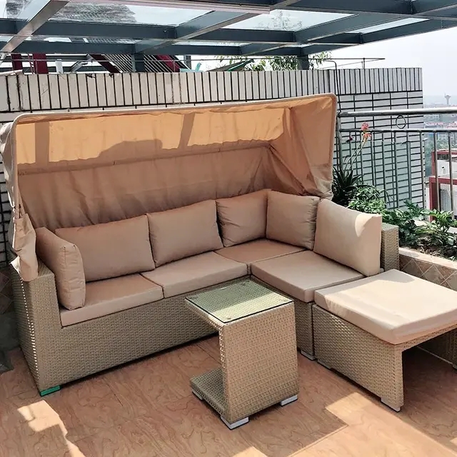 【Home&Garden】Outdoor rattan sofa courtyard open-air canopy shade waterproof bed coffee table rattan furnitur